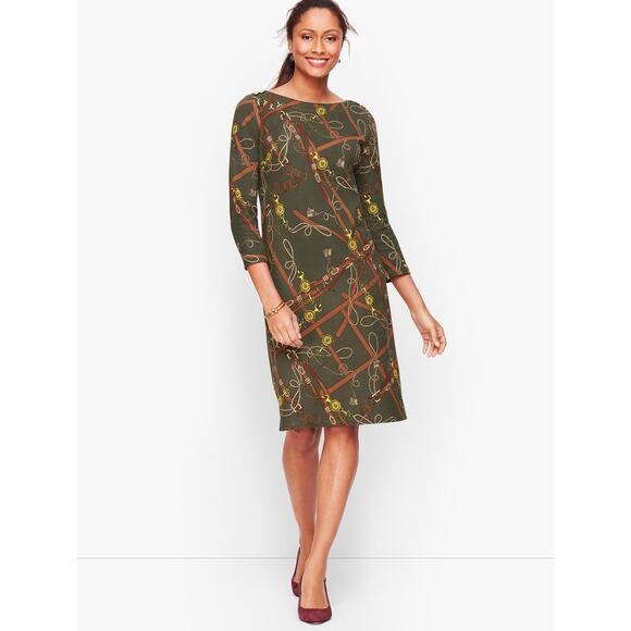 Talbots Shift Dress Green Chain Print Equestrian Cotton Pullover 3/4 Sleeve Sz L - Picture 2 of 11